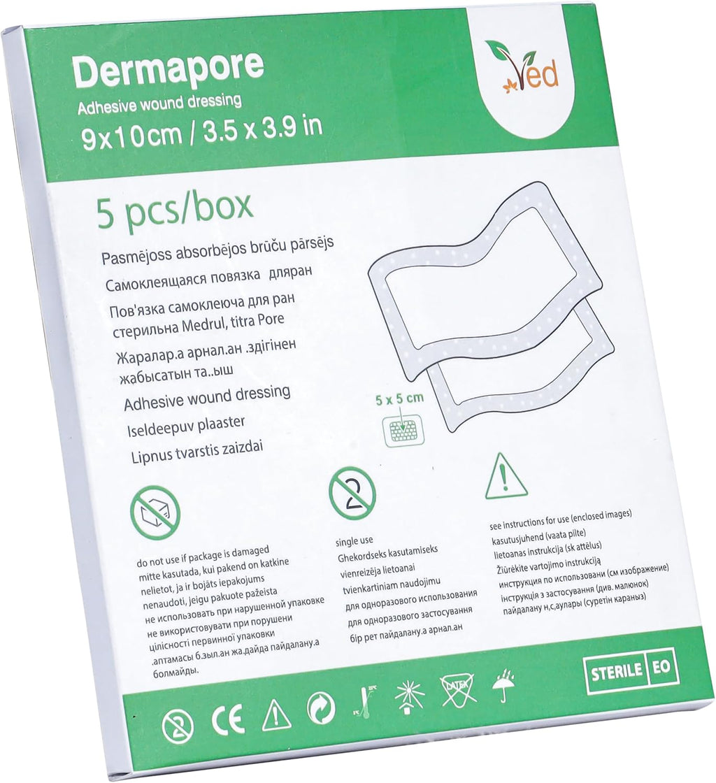 VED Dermapore Adhesive Wound Dressing- Suitable for cuts and grazes, Diabetic Leg ulcers, venous Leg ulcers, Small Pressure sores- Medium, 9 x 10cm (Pack of 5). (9X10 Green), Blue