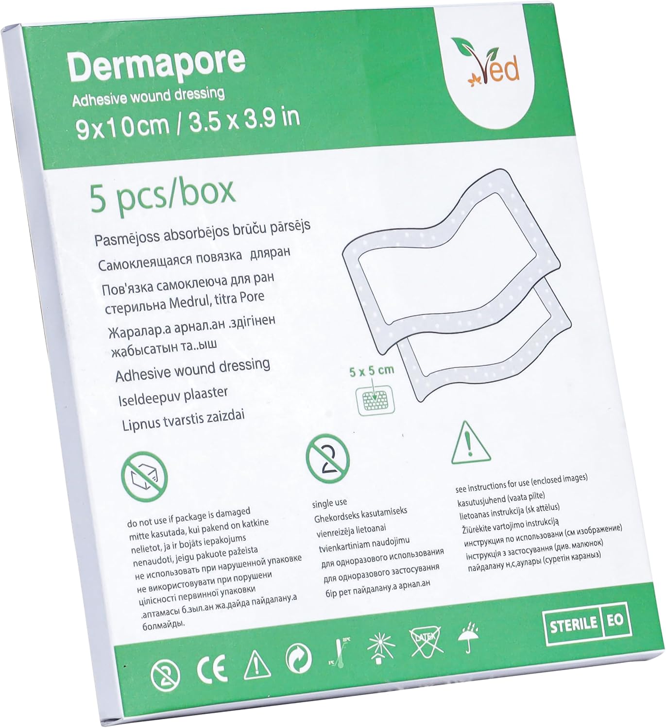 VED Dermapore Adhesive Wound Dressing- Suitable for cuts and grazes, Diabetic Leg ulcers, venous Leg ulcers, Small Pressure sores- Medium, 9 x 10cm (Pack of 5). (9X10 Green), Blue