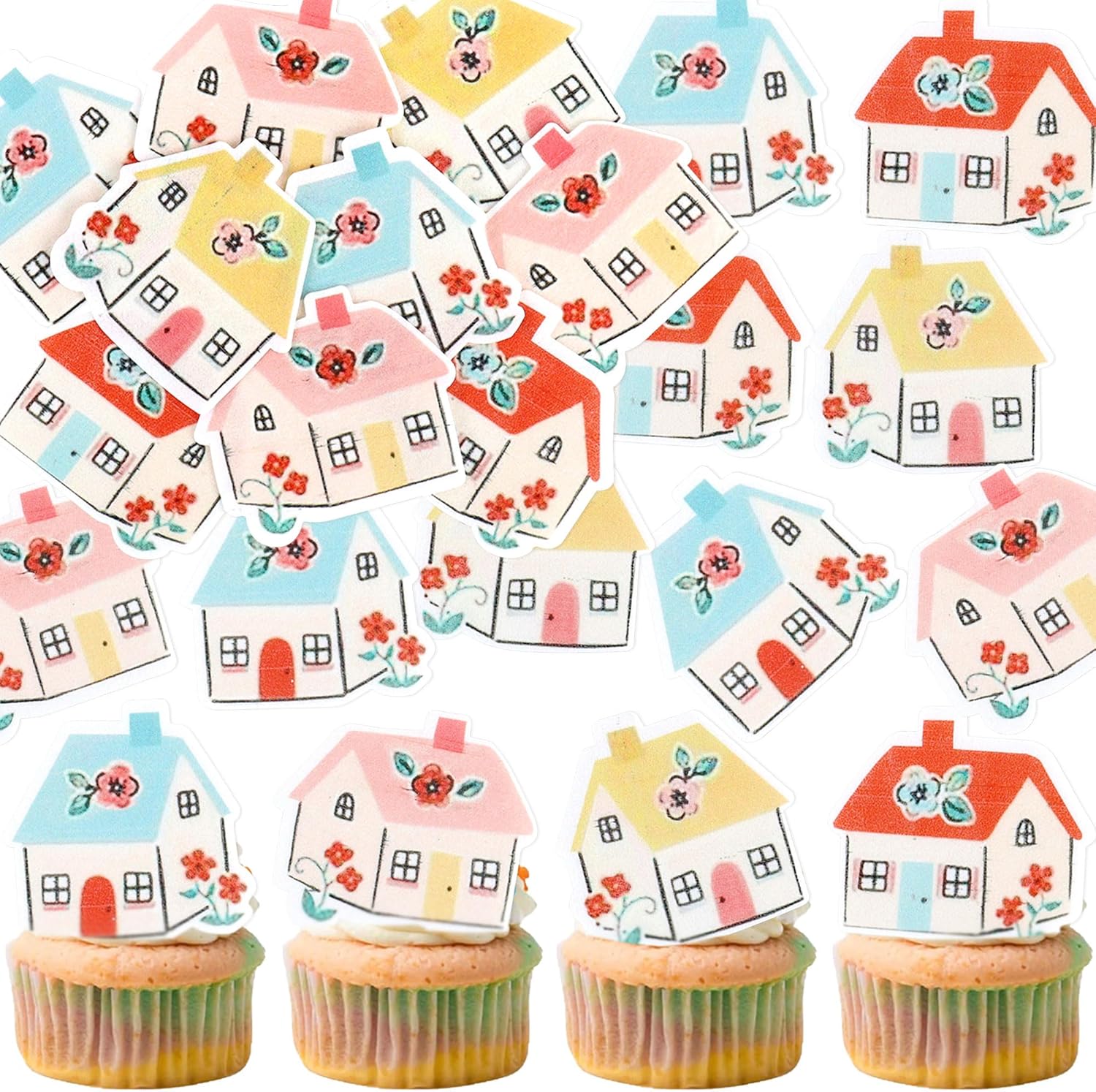 Ercadio 60 Pack Edible Welcome Home Cupcake Toppers Home Sweet Home Cupcake Picks Colorful House Housewarming Cupcake Toppers New Home Theme Party Cake Decorations Supplies