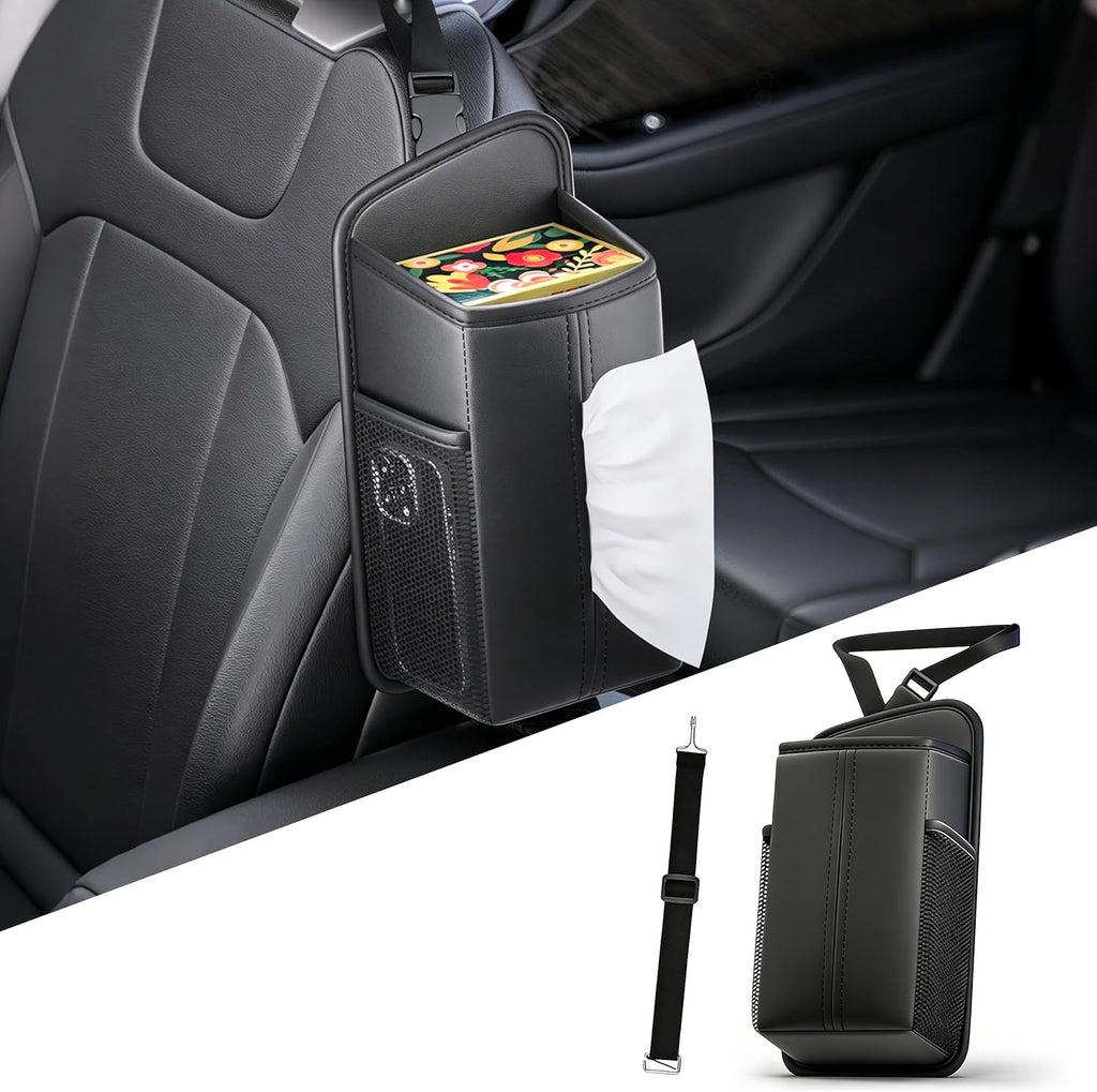 Car Tissue Holder for Front Seat, Headrest Organizer with 2 Side Mesh Pockets for Phones & Cards, L-Square Tissue Box Cover Holds 150 Tissues, Durable PU Leather