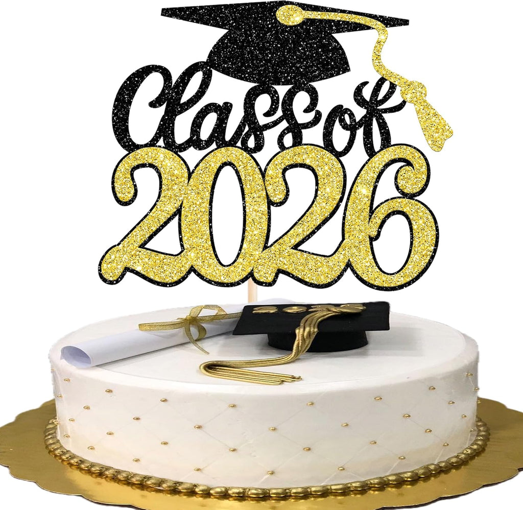 Rsstarxi 1 Pack Class of 2026 Cake Topper Graduation Party Decorations Grad Cap Cake Pick for 2026 Graduation Theme Congrats Grad Party Cake Decorations Gold