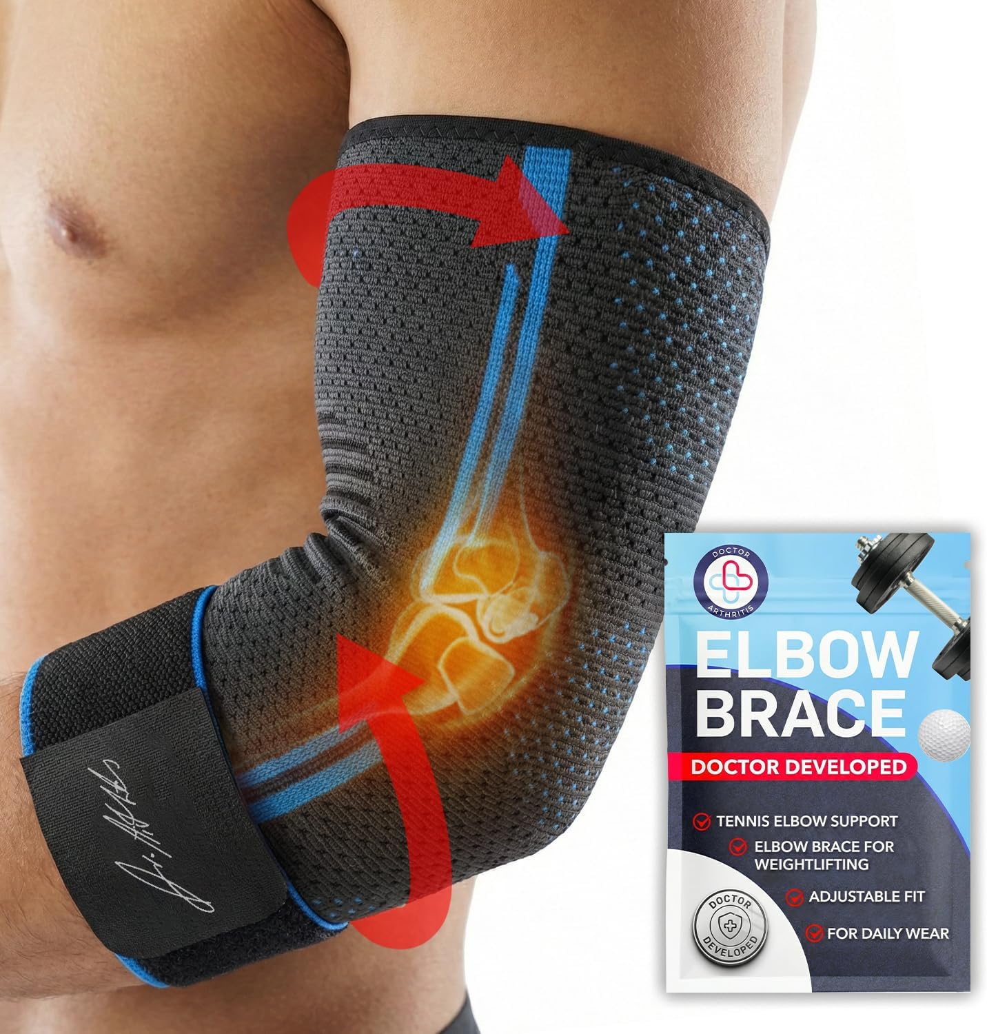 Doctor Developed Elbow Brace for Tendonitis and Tennis Elbow, Compression Sleeve for Arthritis, Workouts, Reduce Joint Pain During Fitness Activity (Medium)