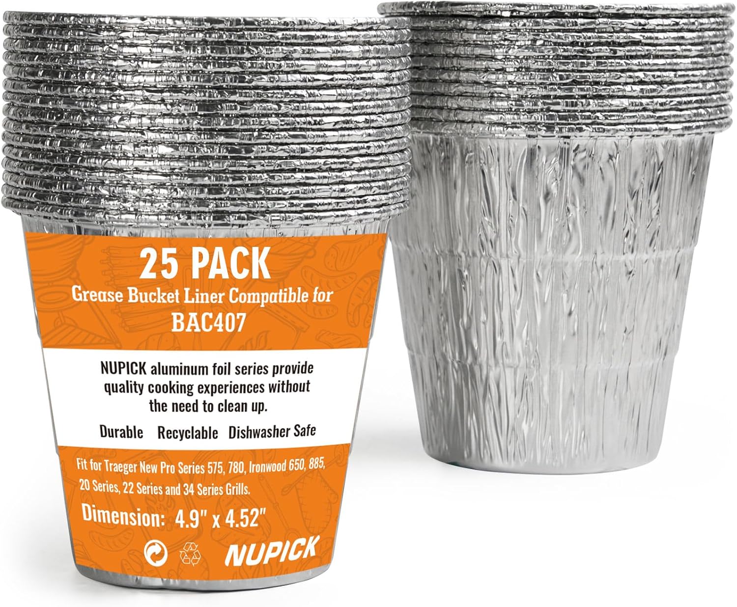 NUPICK 25 Pack BAC407 Grease Bucket Liner Compatible for Traeger Pro Series 575/780, 22/34 Series, Ironwood 650/885 Grills, Grill Accessories for Traeger, 4.9" x 4.5"