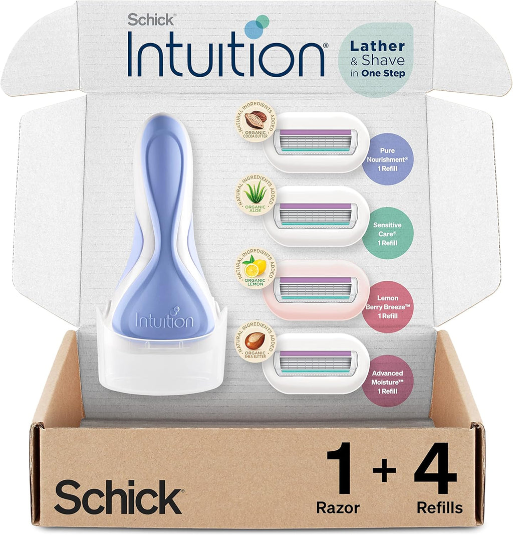 Schick Intuition Razors Variety Pack - 1 Razor Handle & 4 Blades Refill | Shaving Kit for Beginners, Gift Set, and Razor Starter Kit