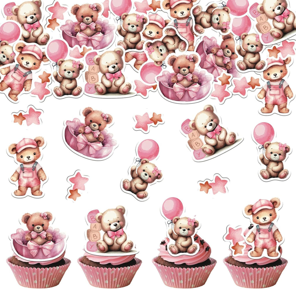 34PCS Edible Bear Cupcake Toppers Wafer Paper Pink Baby Bear Baby Shower Cake Topper Bear Balloon Cupcake Decorations for Bear Theme Baby Shower Birthday Gender Reveal Party Supplies