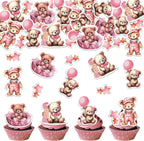 34PCS Edible Bear Cupcake Toppers Wafer Paper Pink Baby Bear Baby Shower Cake Topper Bear Balloon Cupcake Decorations for Bear Theme Baby Shower Birthday Gender Reveal Party Supplies