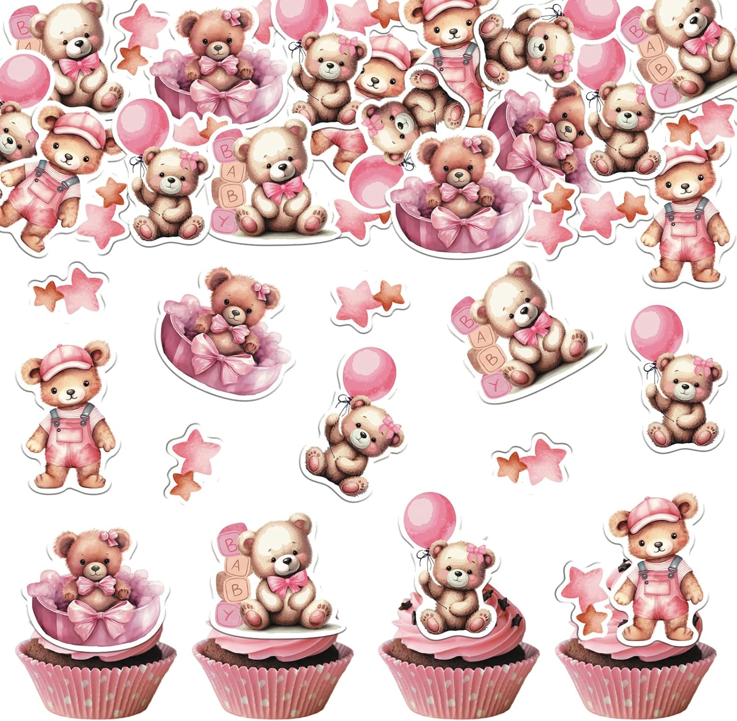 34PCS Edible Bear Cupcake Toppers Wafer Paper Pink Baby Bear Baby Shower Cake Topper Bear Balloon Cupcake Decorations for Bear Theme Baby Shower Birthday Gender Reveal Party Supplies