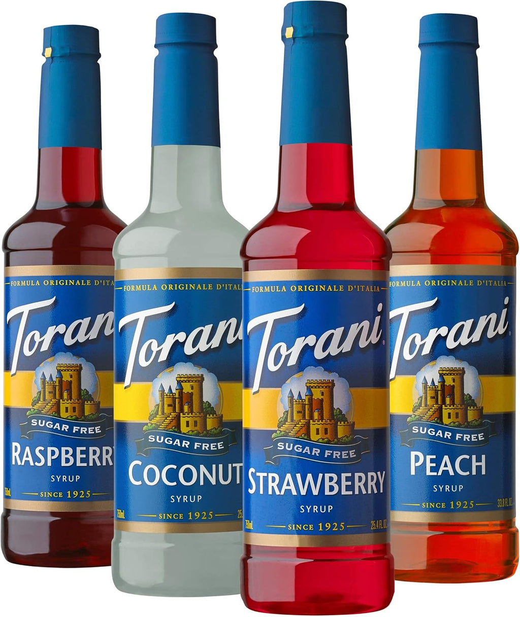 Torani Sugar Free Flavored Drink Syrup Soda Flavors Variety Pack, Raspberry, Coconut, Strawberry & Peach, 25.4 fl oz, (Set of 4)