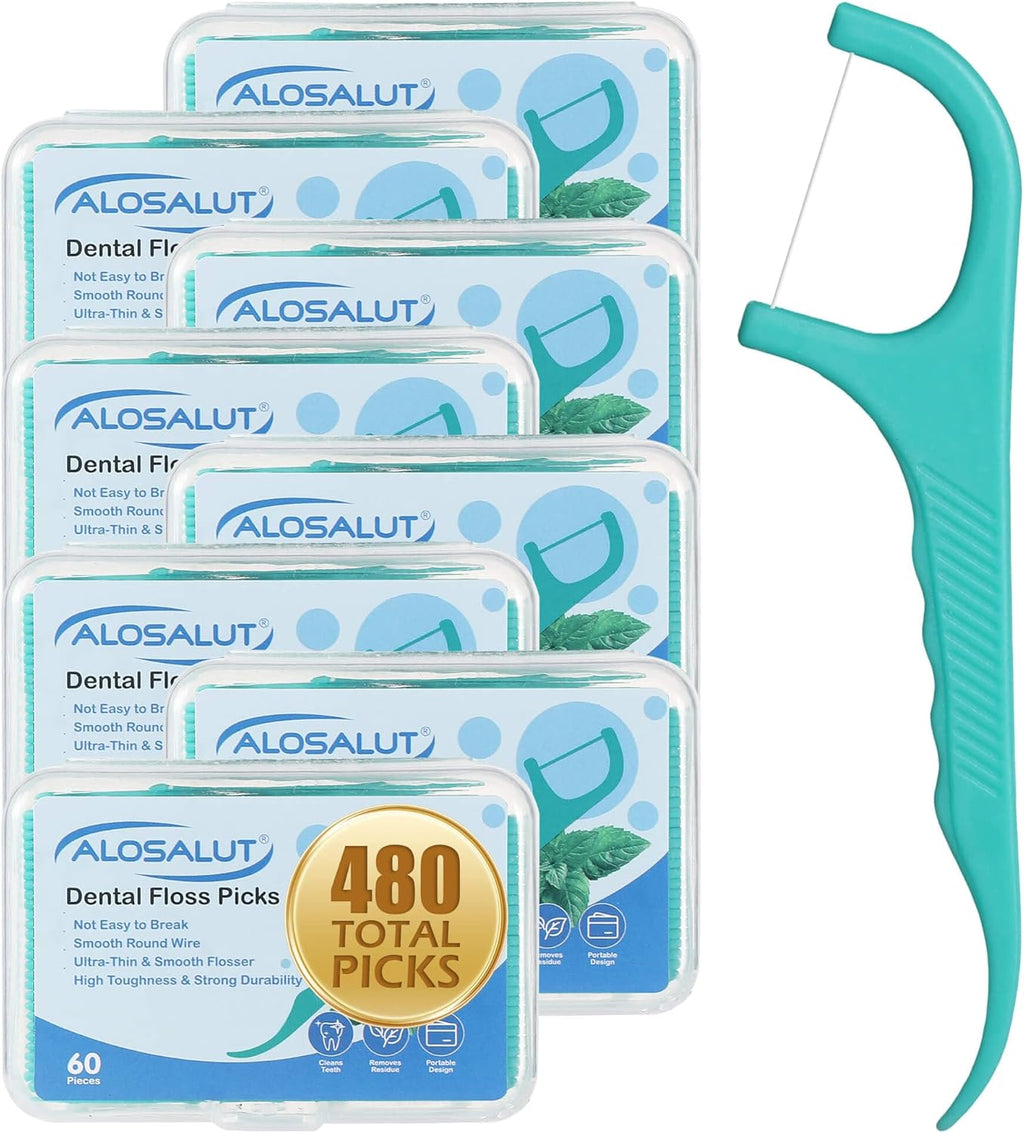 480 Count Dental Floss Picks – Mint Flavored Flossers with Built-in Toothpick for Deep Cleaning – 8 Portable Boxes of 60 – Strong & Smooth Floss Sticks for Family Home Travel for Adults