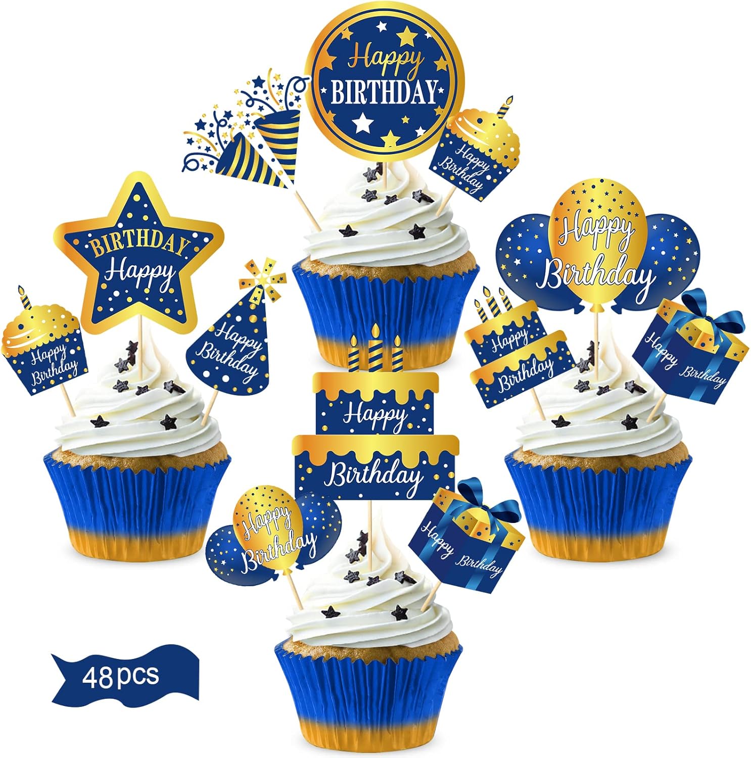 Lnlofen 48Pcs Happy Birthday Cake Toppers Decorations for Boys Men, Blue Gold Birthday Cupcake Toppers, 16th 21st 30th 40th 50th 60th 70th Bday Cupcake Picks Party Supplies
