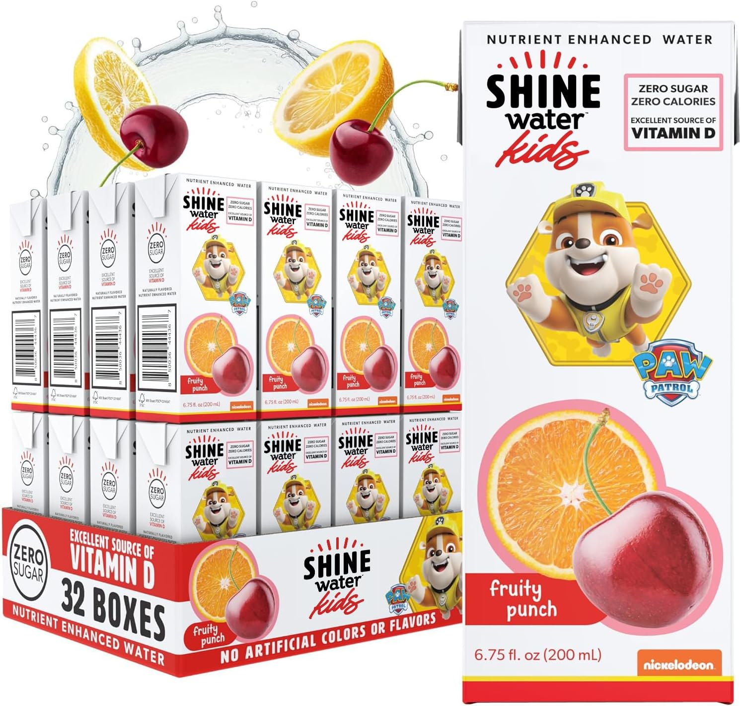 Shine Water x Paw Patrol Fruit Punch Kids Juice Boxes with Vitamin D 32-Pack | No Added Sugar | Naturally Flavored Drinks for Kids | Vegan, Gluten Free, Zero Calorie Hydration