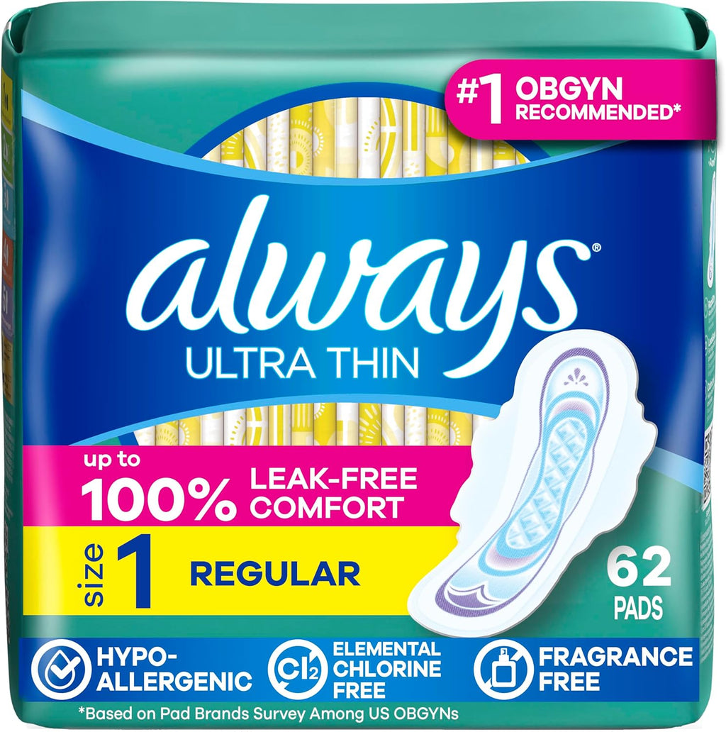 Always Ultra Thin Pads with Wings, Size 1, Regular, 62 Count