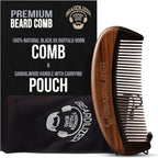 Beardilizer Premium Beard Comb for Men - 100% Natural Black Ox Buffalo Horn & Sandalwood Handle with Carrying Pouch, Professional Anti-Static Fine and Coarse Teeth