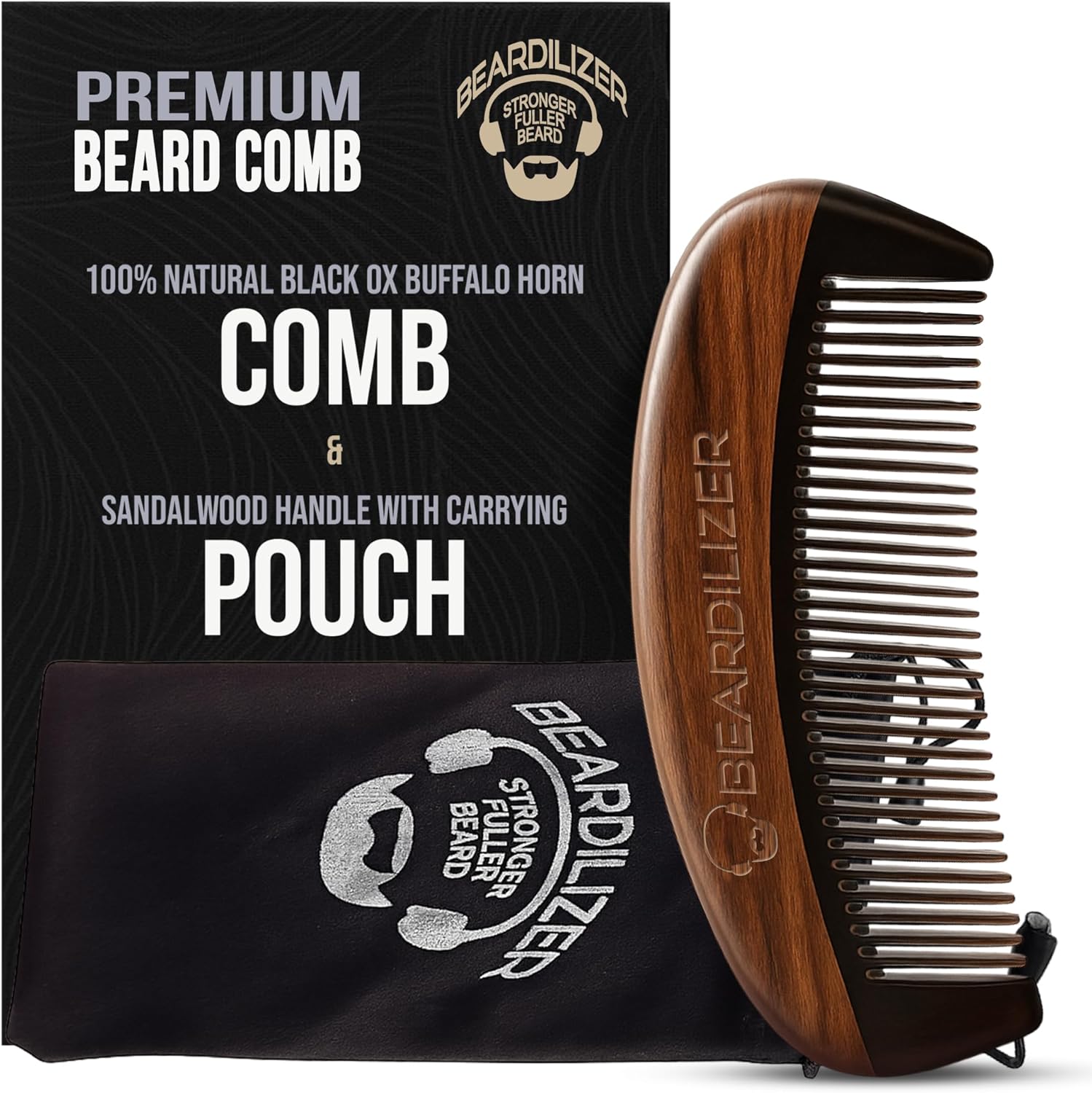Beardilizer Premium Beard Comb for Men - 100% Natural Black Ox Buffalo Horn & Sandalwood Handle with Carrying Pouch, Professional Anti-Static Fine and Coarse Teeth