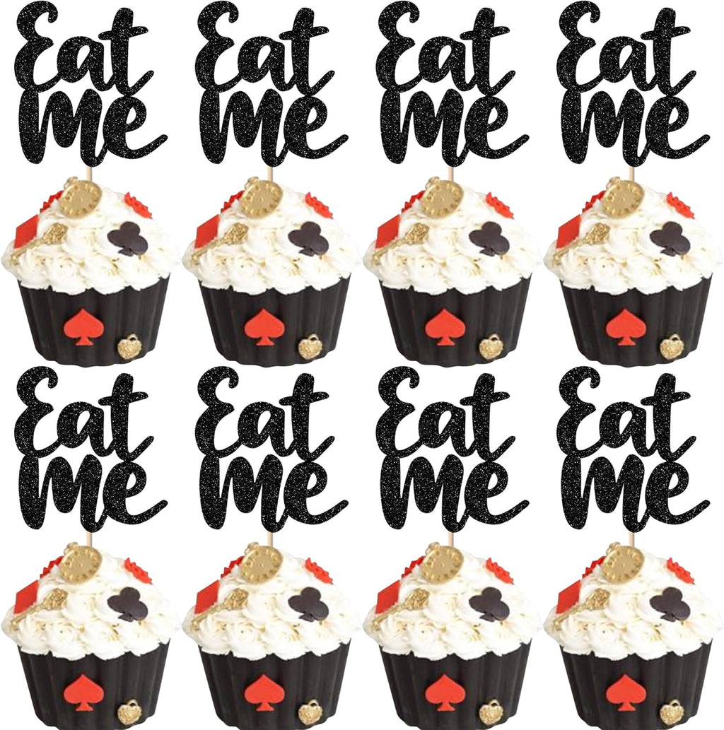 Rsstarxi 30 Pack Eat Me Cupcake Toppers Glitter Alice Cupcake Picks In Wonderland Decorations for Baby Shower Kids Birthday Party Cake Decorations Black