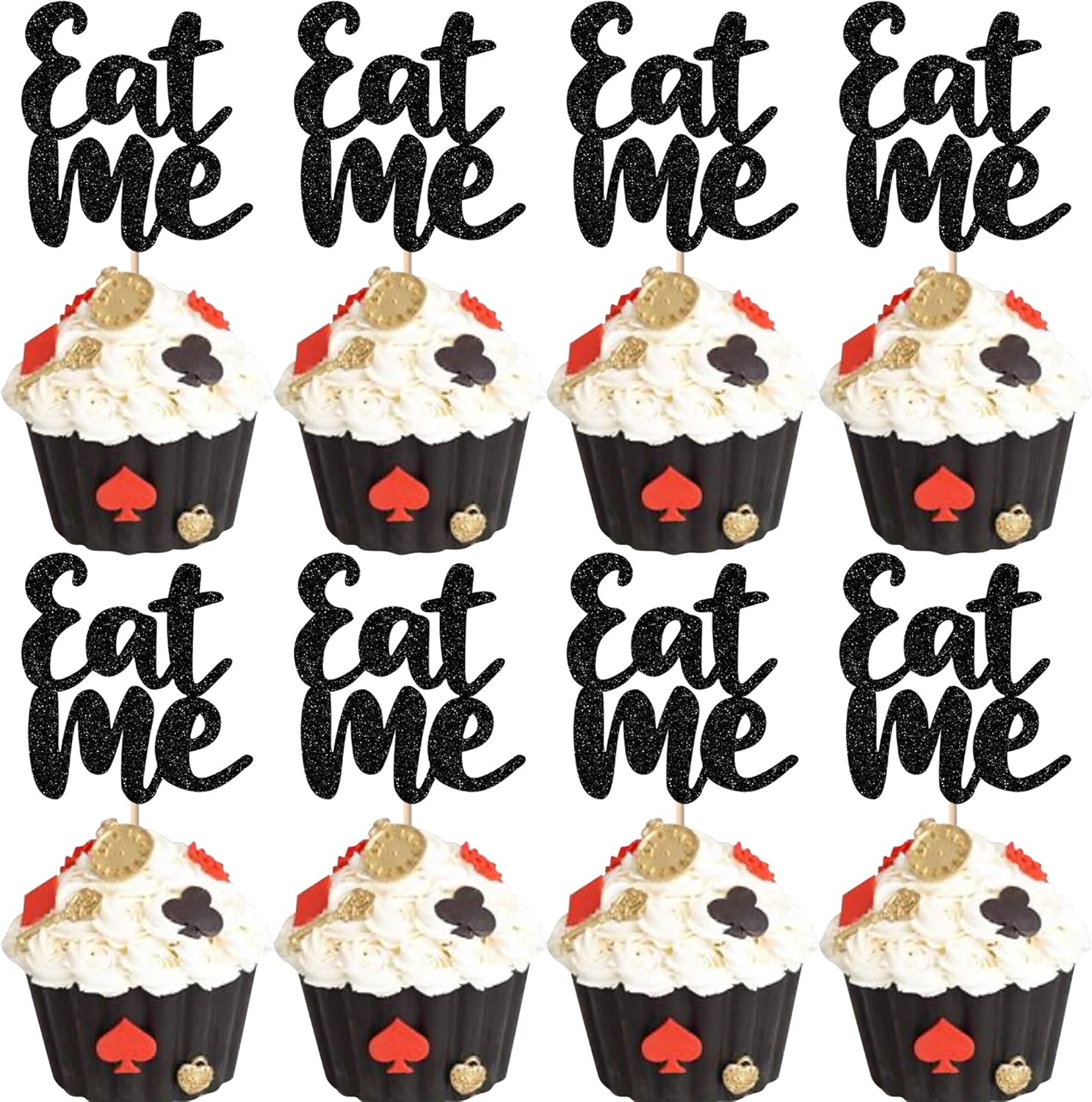 Rsstarxi 30 Pack Eat Me Cupcake Toppers Glitter Alice Cupcake Picks In Wonderland Decorations for Baby Shower Kids Birthday Party Cake Decorations Black