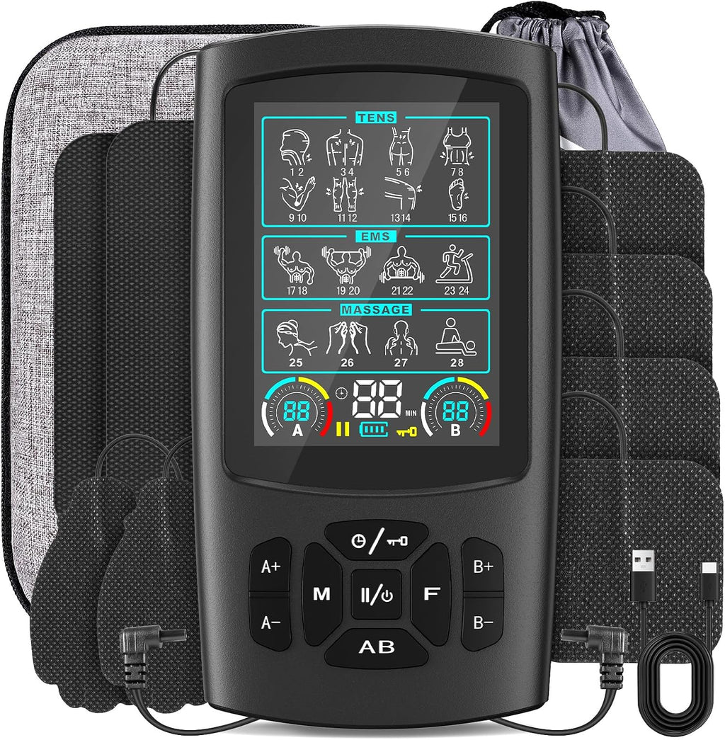 3-in-1 TENS Unit Muscle Stimulator with Color Display - Dual Channel EMS Machine, 28 Therapy Modes,40 Intensity Levels,8 Electrode Pads & EVA Case for Effective Pain Relief