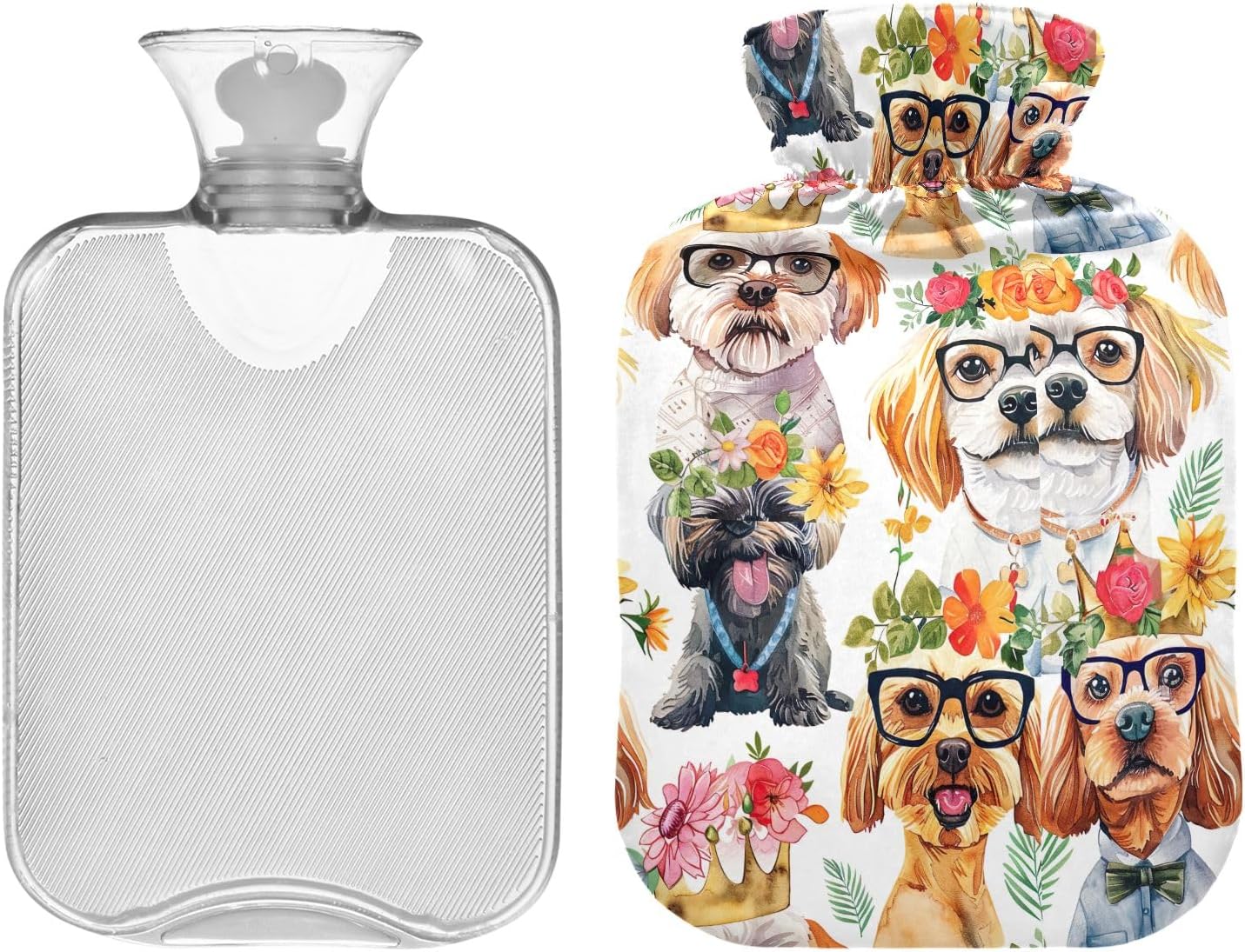 Watercolor Cute Funny Dogs Classic Hot Water Bottle with Cover 1L Hot Water Bag Hot Water Bed Warmer for Tummy Cramps Neck and Shoulder Waist Pain Relief