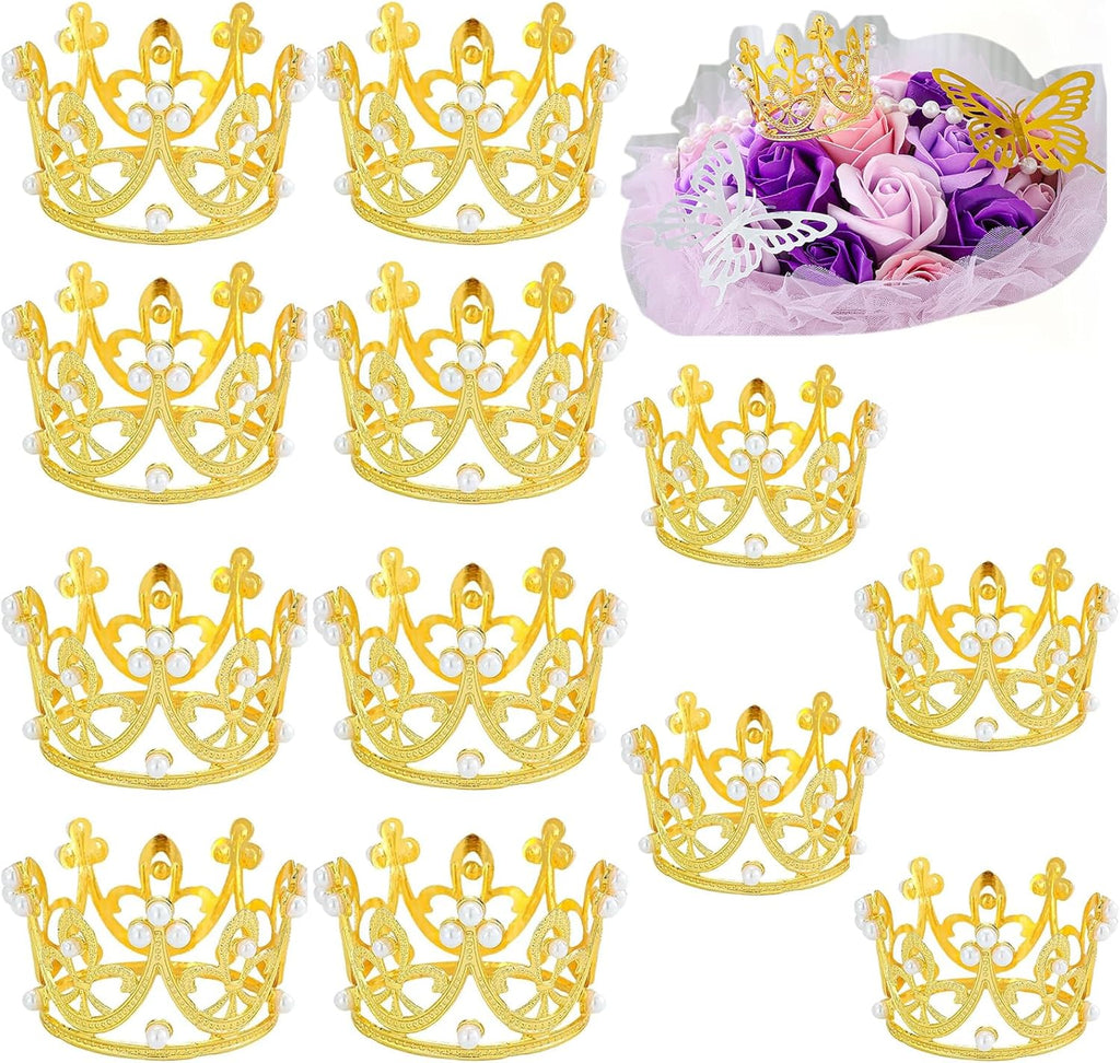 12PCS Crown Cake Topper for Flower Bouquets,Pearl Tiara Princess Gold Crown for Wedding Birthday Baby Shower Party Decor