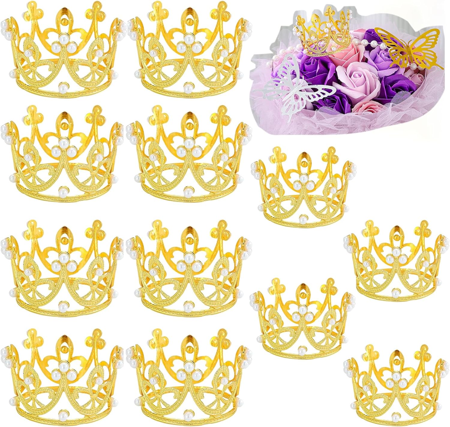 12PCS Crown Cake Topper for Flower Bouquets,Pearl Tiara Princess Gold Crown for Wedding Birthday Baby Shower Party Decor