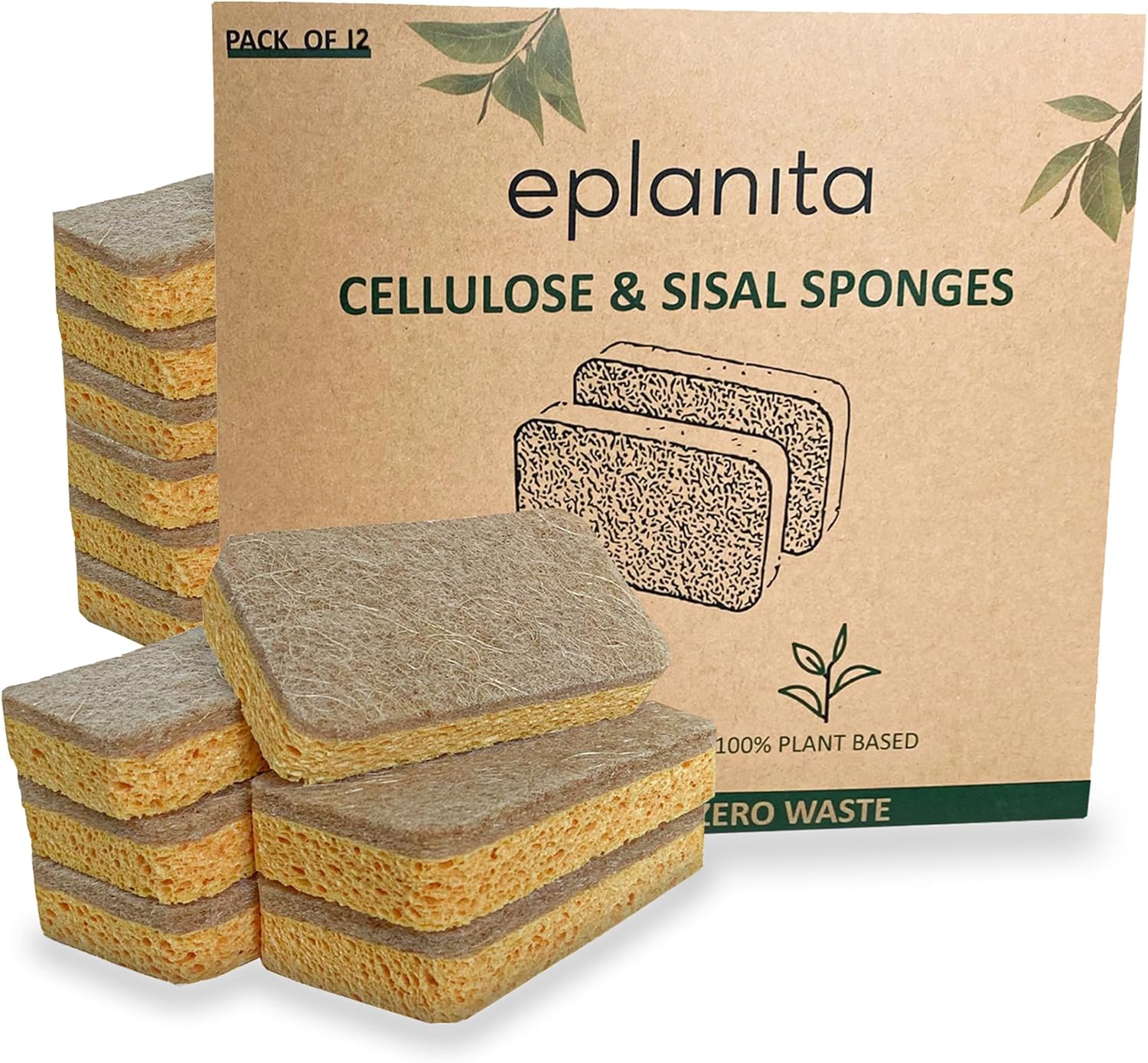 eplanita Natural Plant Based Scrub Sponges (12 Pack), Non-Scratch, Biodegradable Eco Scourers for Kitchen and Bathroom