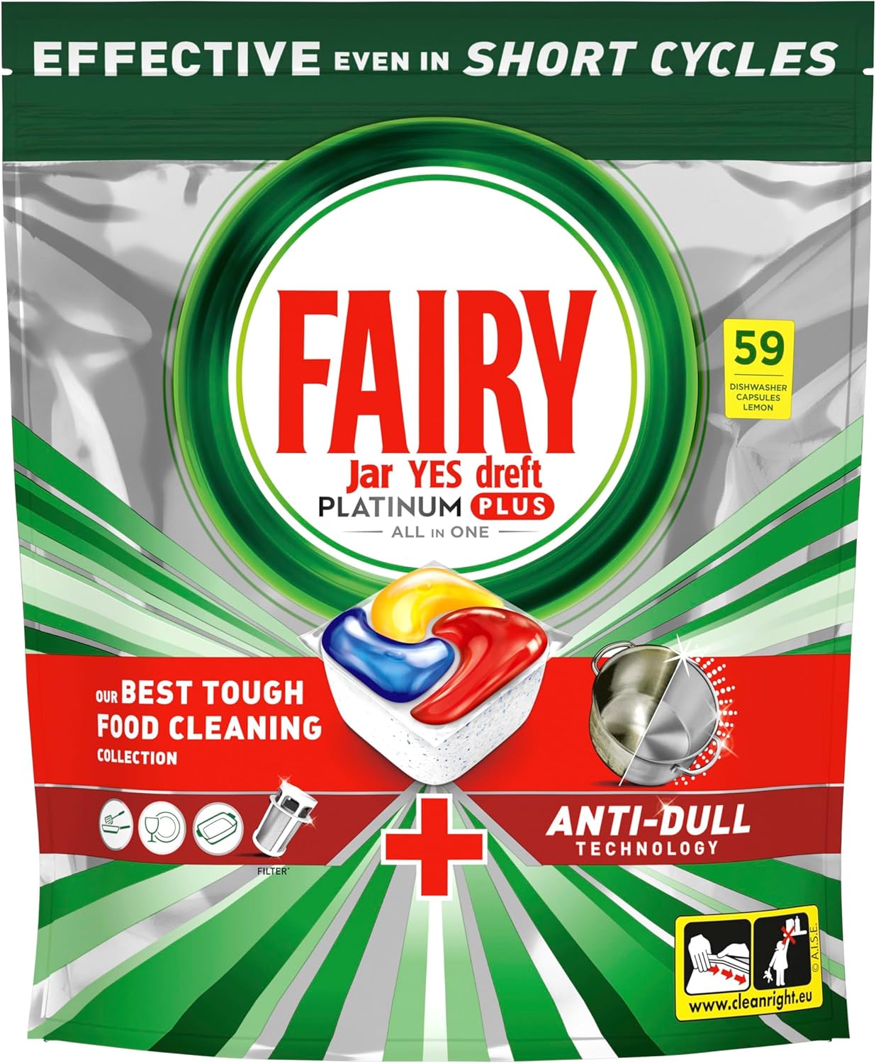 Fairy Platinum Plus 59 Dishwasher Tablets, Lemon, Our Best Cleaning For A Clean Like New, Removes Dullness & Prevents Limescale