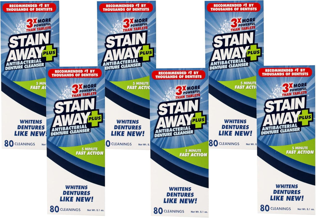 Stain Away Plus, Denture Cleanser, 80 Cleanings, 8.1 oz, 5-Minute Fast Action, 3X More Powerful (Pack of 6)
