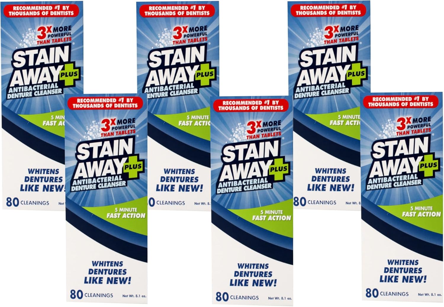 Stain Away Plus, Denture Cleanser, 80 Cleanings, 8.1 oz, 5-Minute Fast Action, 3X More Powerful (Pack of 6)