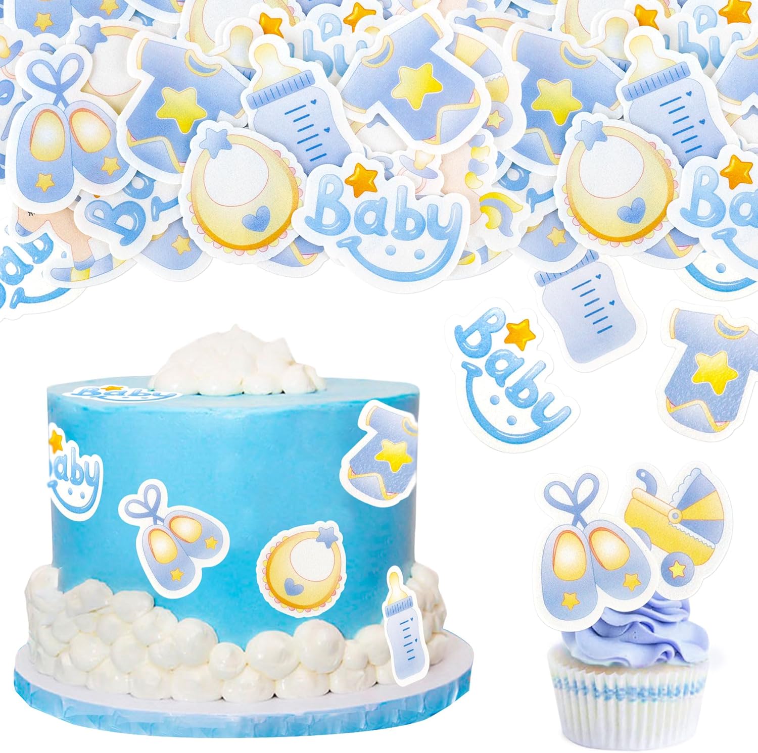 40 Pcs Edible Wafer Paper Baby Shower Cupcake toppers Picks It's a Boy Jumpsuit Gender Reveal Cupcake Picks Welcome Baby Shower Cake Decor for Baby Boy Birthday Theme Party Supplies