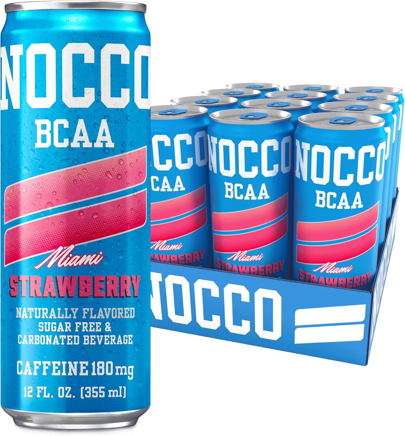 NOCCO Zero Sugar Energy Drink, Miami Strawberry - 12 Fl Oz (Pack of 12) - 180mg Caffeine, Sugar Free, Branched Chain Amino Acids, Carbonated, Low Calorie, B Vitamins, Grab & Go Performance Beverage