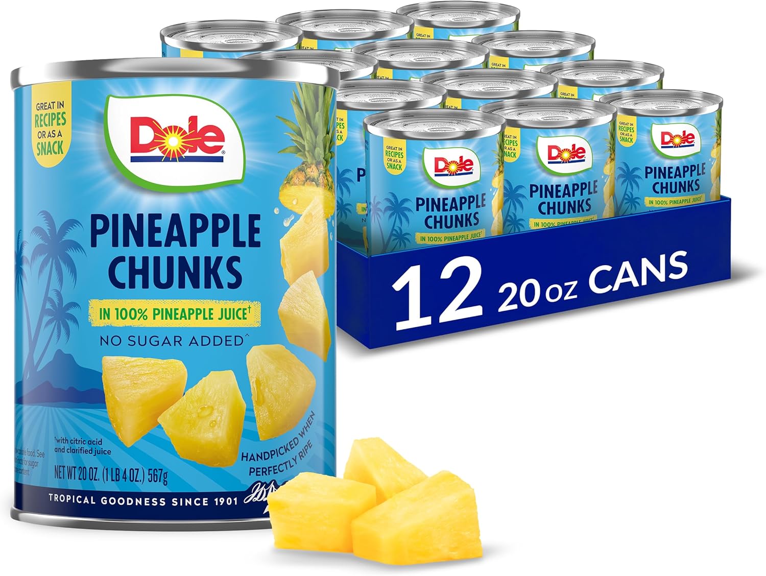 Dole Pineapple Chunks in 100% Pineapple Juice with No Sugar Added - Dole Canned Fruit - 20 oz Cans - 12 Pack