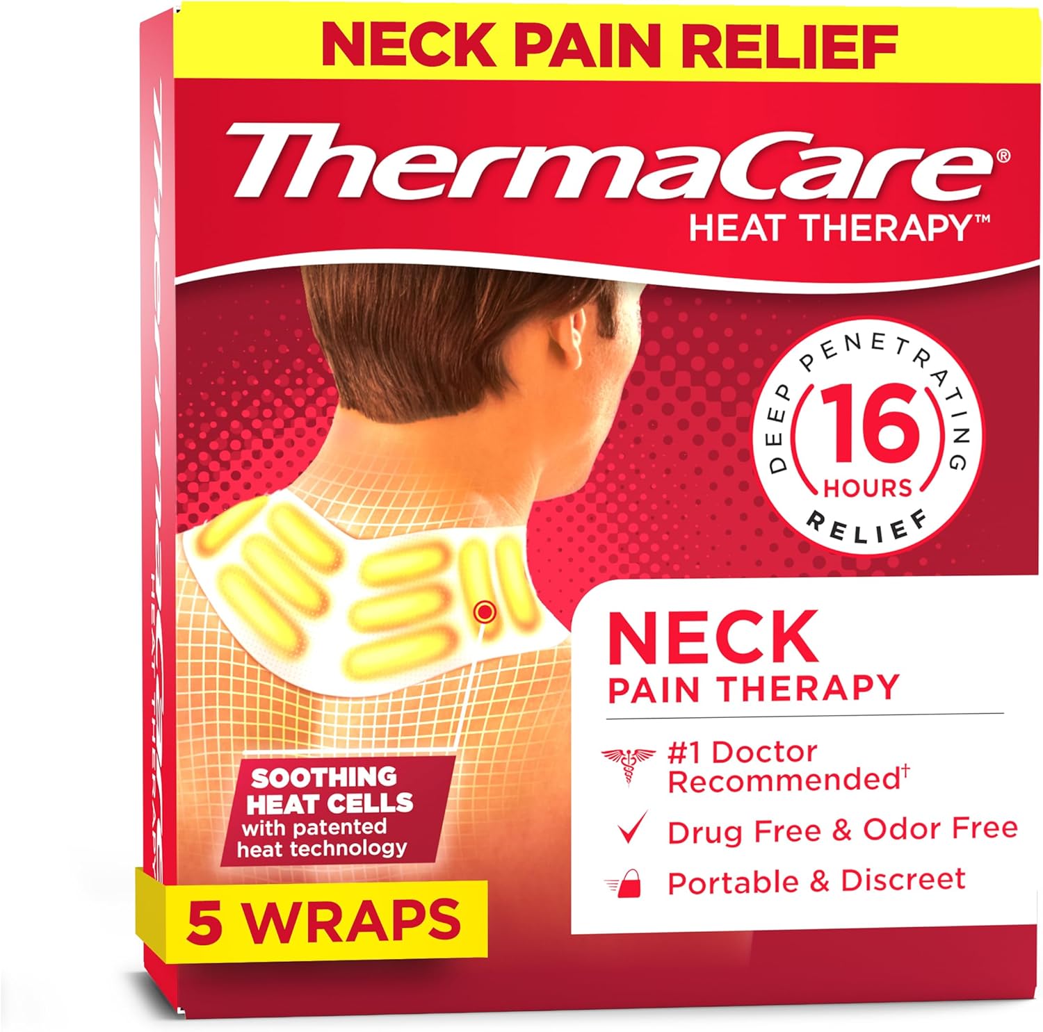ThermaCare Heat Wraps for Neck & Shoulder Pain Relief - Portable Adhesive Heating Pads with 16-Hour Therapeutic Heat - Drug-Free Muscle & Joint Soothing Patches (5-Count)