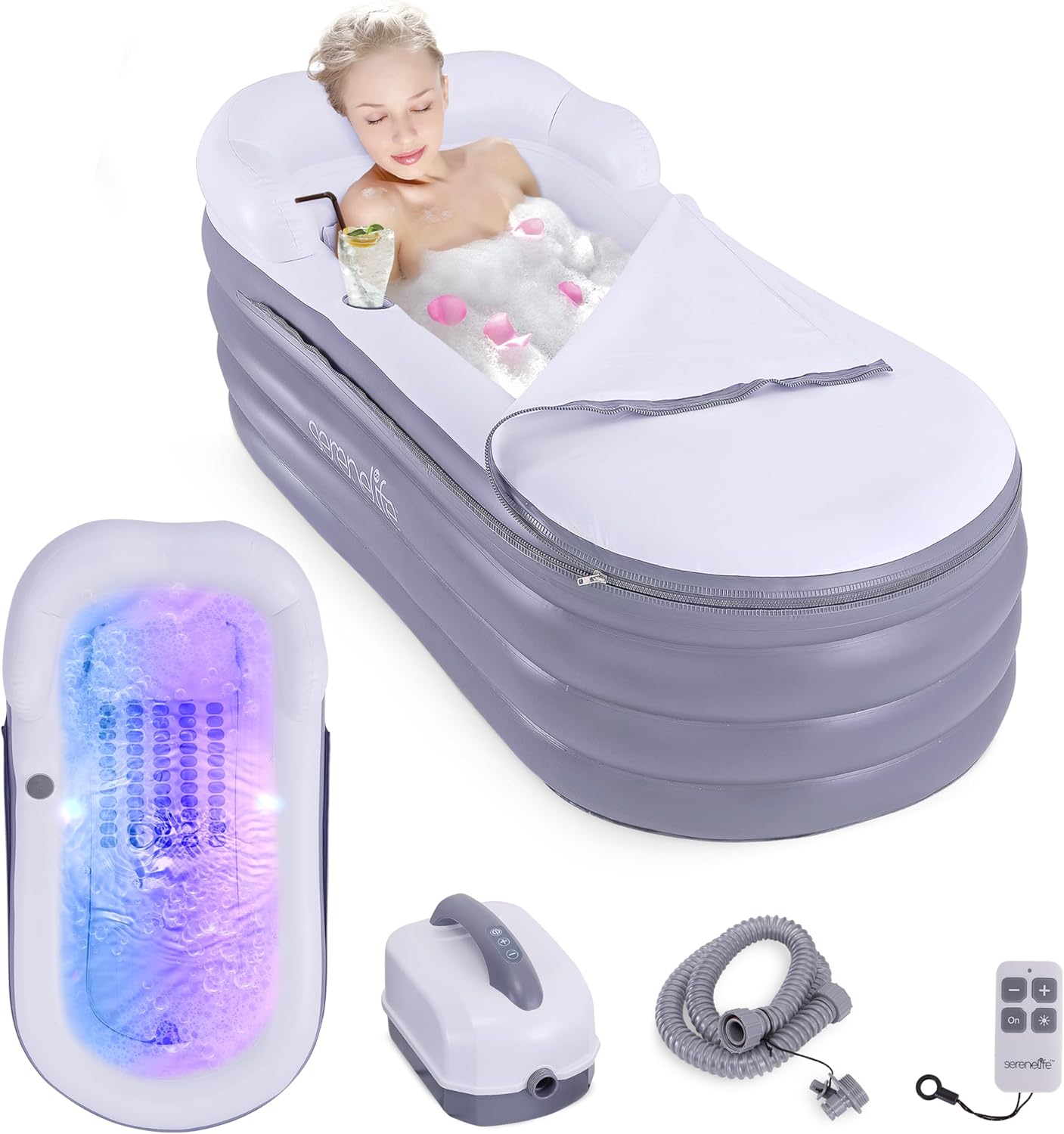 SereneLife Spa Bathtub with Bubble Massage Mat – Inflatable Bathtub with Pillow, Cup Holder, Remote Control for LED Lighting, Backrest and Armrests, Supporting Up To 190 lbs. 66" x 30" x 26"