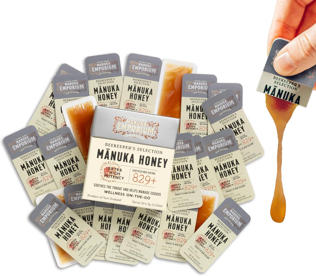 Manuka Emporium Raw Manuka Honey Packets MGO 829+ | 24 x 0.18oz Extra-Potent Snaps | Certified Monofloral New Zealand Honey | High Strength Superfood for Vitality, Recovery & Immune Support