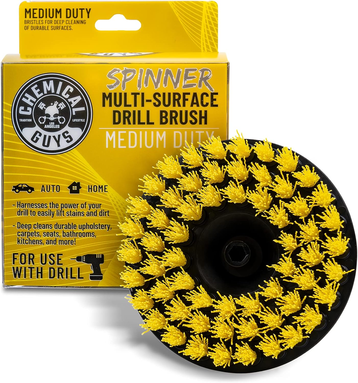 Chemical Guys ACC507 Medium Duty Spinner Multi-Surface Drill Brush Attachment (Fits Any Standard Drill - Power Scrubber Removes Stains & Cleans Floor Mats, Upholstery & Carpets), Yellow