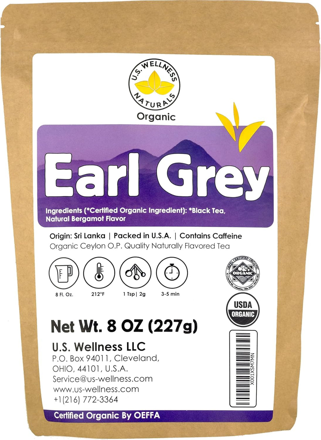 Earl Grey Tea, FLORAL & CITRUSY, Natural Bergamot Flavor Blended with ORGANIC Loose Leaf Tea, 110+ Cups, 8oz, ORGANIC CEYLON, OP Grade Tea, U.S.A Processed & Quality Control