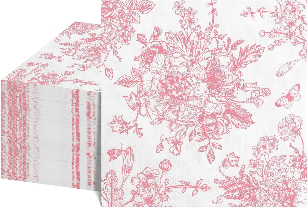 100 Pcs Pink Floral Napkins, Easter Napkins Pink and White Toile Cocktail Napkin Vintage Flower Butterfly Design Decoupage Napkin for Mothers Day, Wedding, Bridal Baby Shower, Tea Party