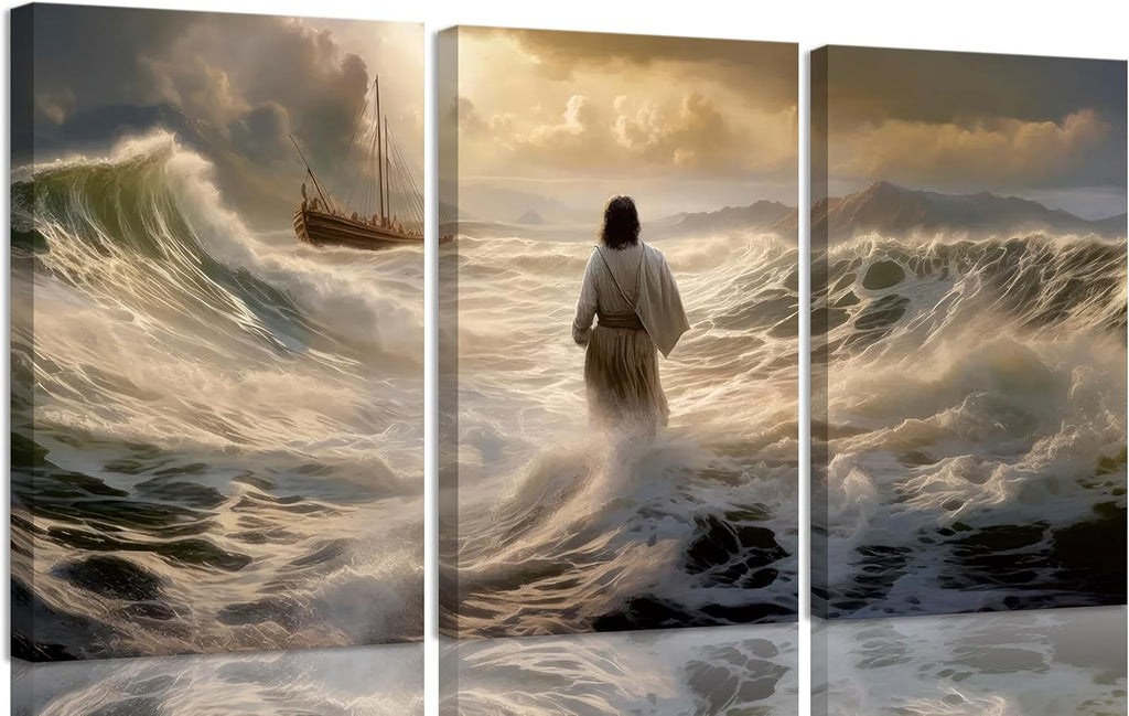 3Pcs Jesus Walking On Water Canvas Wall Art Christian Bible Stories Painting Picture Wall Decor Religious Spirit Faith Poster Print Artwork For Living Room Bedroom Church Ready To Hang