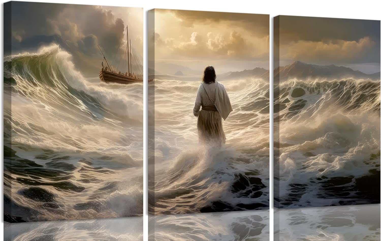 3Pcs Jesus Walking On Water Canvas Wall Art Christian Bible Stories Painting Picture Wall Decor Religious Spirit Faith Poster Print Artwork For Living Room Bedroom Church Ready To Hang