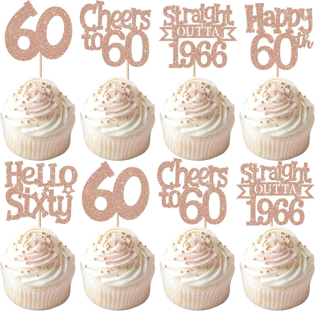 30PCS Happy 60th Birthday Cupcake Toppers Hello 60 Straight Outta 1966 Cupcake Picks Sixty Cheers to 60 Years Cake Decorations for 60th Birthday Anniversary Party Decorations Supplies Rose Gold