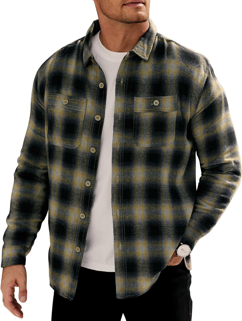 Men Fleece-Lined Button Shirt Flannel Plaid Warm Winter Casual Jacket with Flap Pockets (S-3XL)