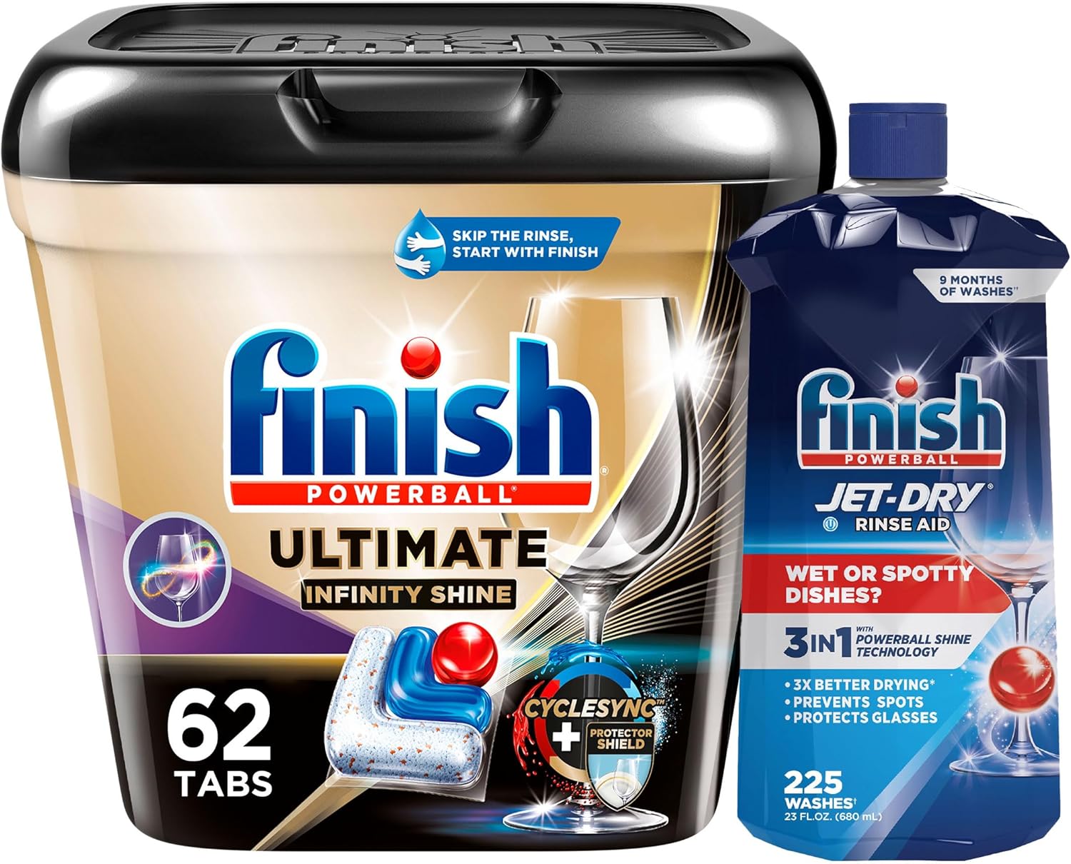 Bundle of Finish Ultimate Plus Infinity Shine - 62 Count - Detergent + Finish Jet-Dry Rinse Aid 23 fl oz