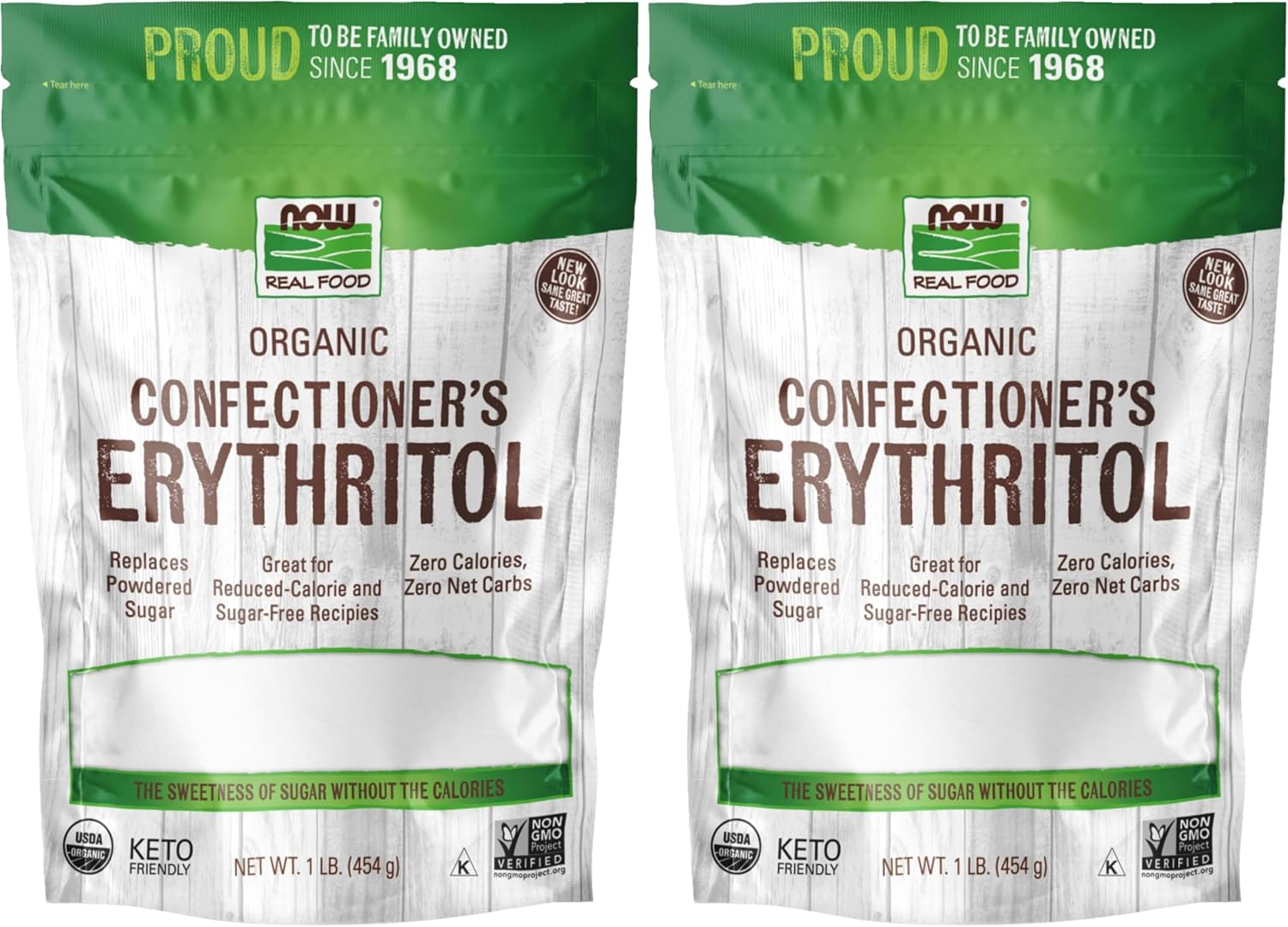 NOW Foods, Organic Confectioner's Erythritol Powder, Replacement for Powdered Sugar, Zero Calories, 1-Pound (Packaging May Vary) (Pack of 2)