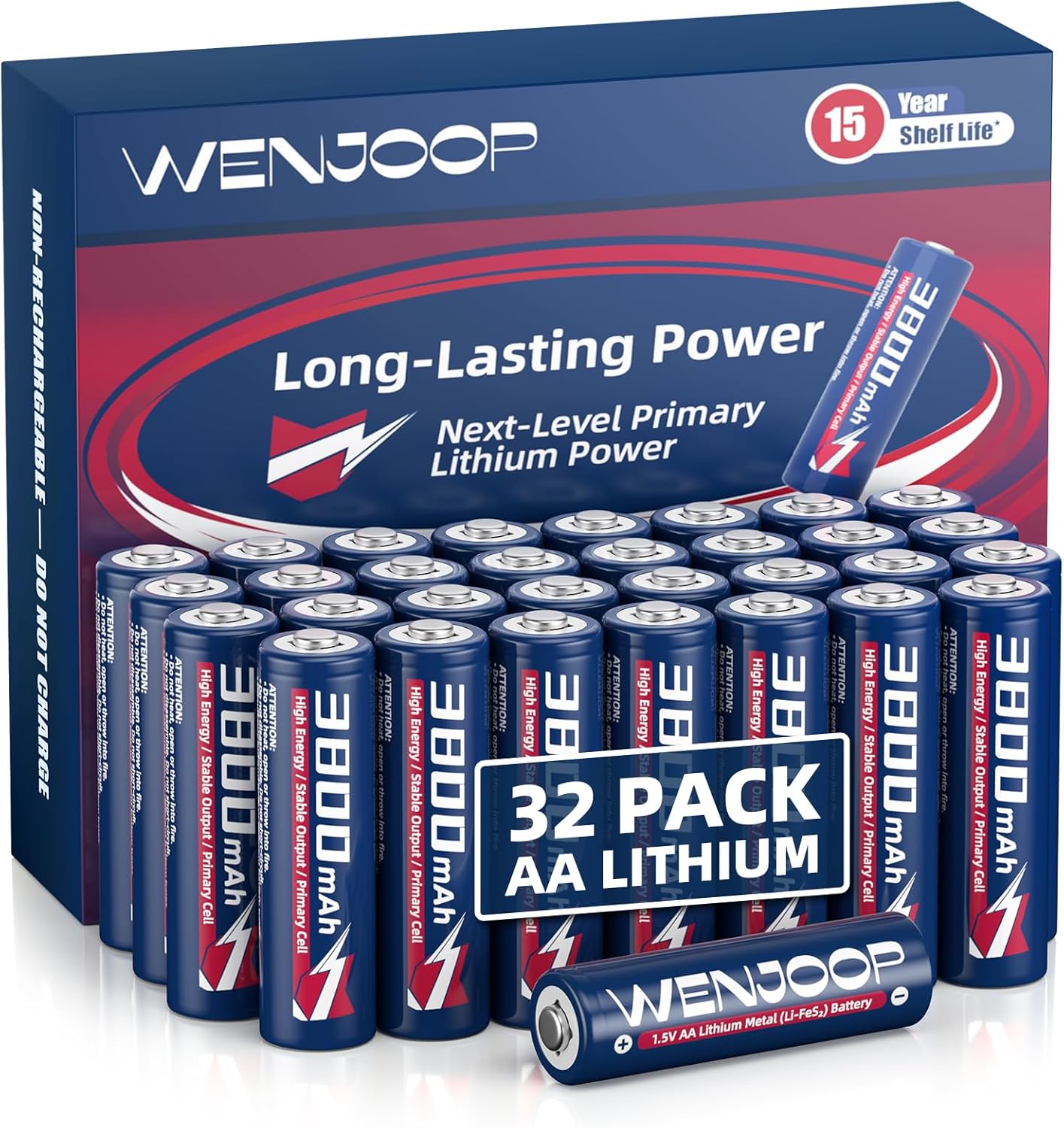 Lithium AA Batteries, 32 Pack, 1.5V FR6 Primary Lithium, 3800mAh Long-Lasting Non-Rechargeable AA Batteries, Leak-Resistant, 15-Year Shelf Life, Lightweight, -40°C to 60°C