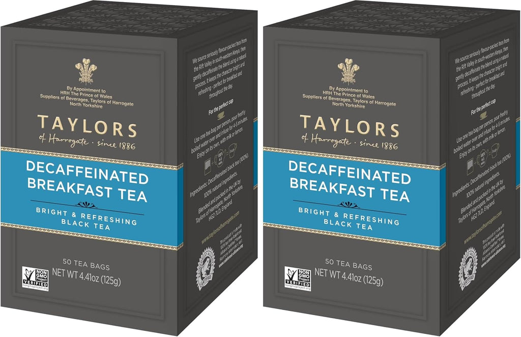 Taylors of Harrogate Decaffeinated Breakfast,Black Tea,Pillow Bags,Rich,Bright & Balanced,Decaffeinated,Enjoy Hot or Iced,50 Teabags,50 Count (Pack of 2)