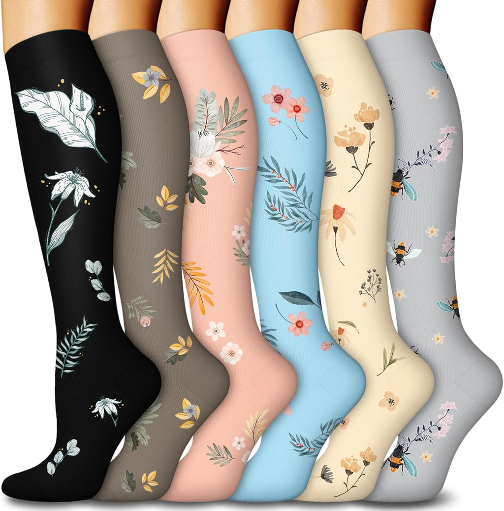 FuelMeFoot 6 Pairs Compression Socks for Women & Men 15-20mmHg Graduated Support Knee High Socks for Nurses, Travel, Athletic