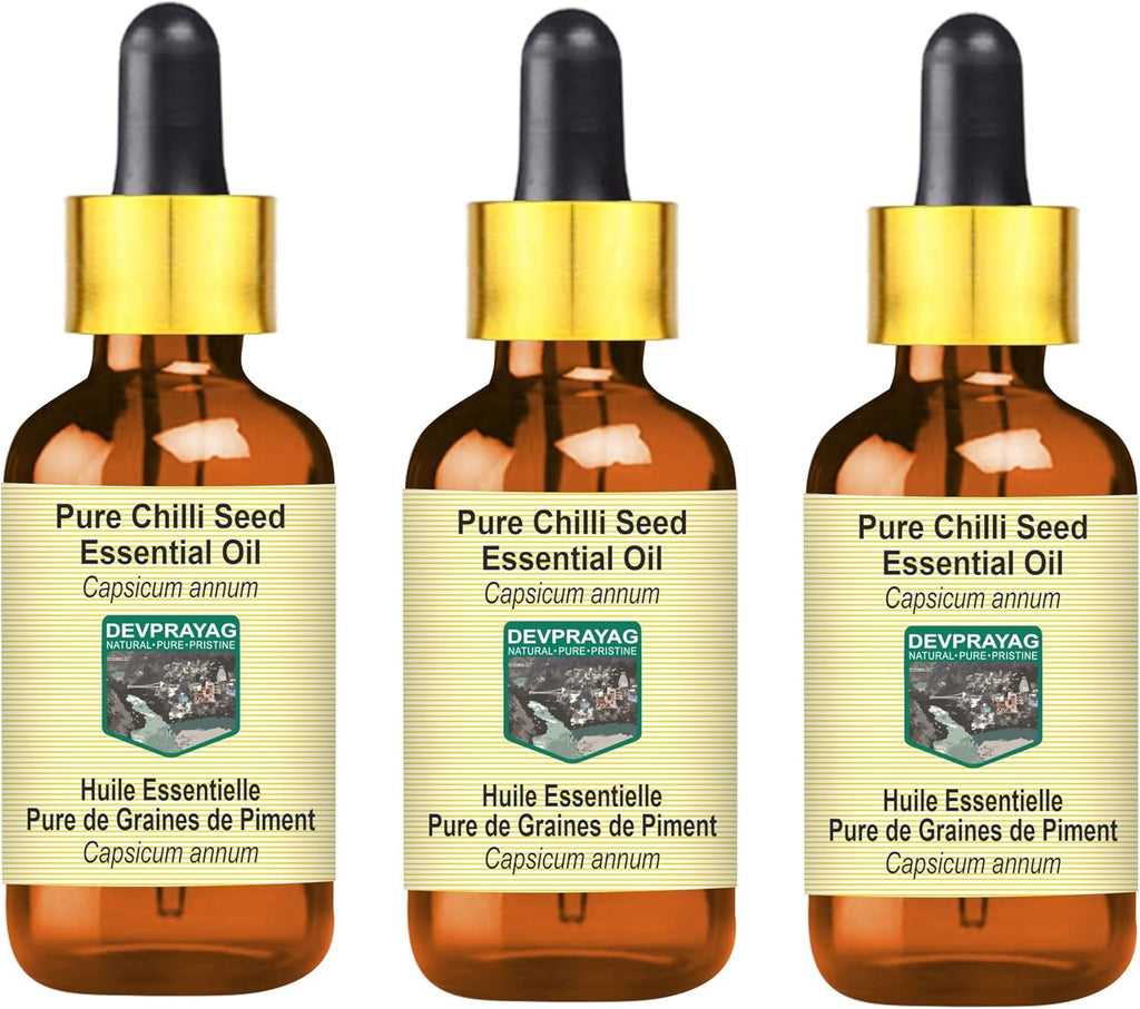 Pure Chilli Seed Essential Oil (Capsicum annum) with Glass Dropper Steam Distilled (Pack of Three) 100ml X 3 (10 oz)