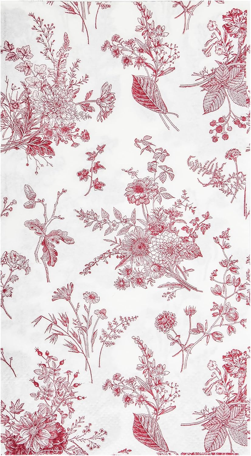 100 Floral Guest Napkins Red White Toile Disposable Paper Napkins Flower Bathroom Hand Towels for Tea Party Christmas Bridal Baby Shower Party Supplies (Red)