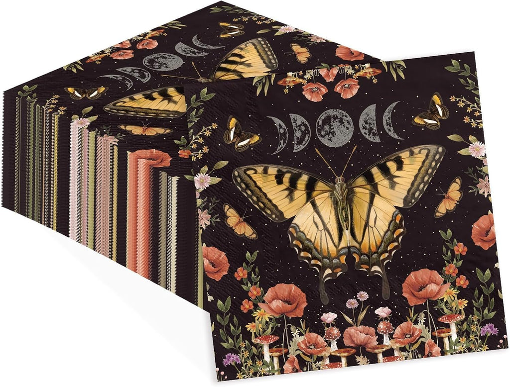 100Pcs Retro Black Butterfy Paper Napkins 3-ply 6.5" x 6.5" Disposable Farmhouse Moon Large Dinner Size Napkins Black Gothic Square Beverage Napkin for Seasonal Autumn Kitchen Supplies