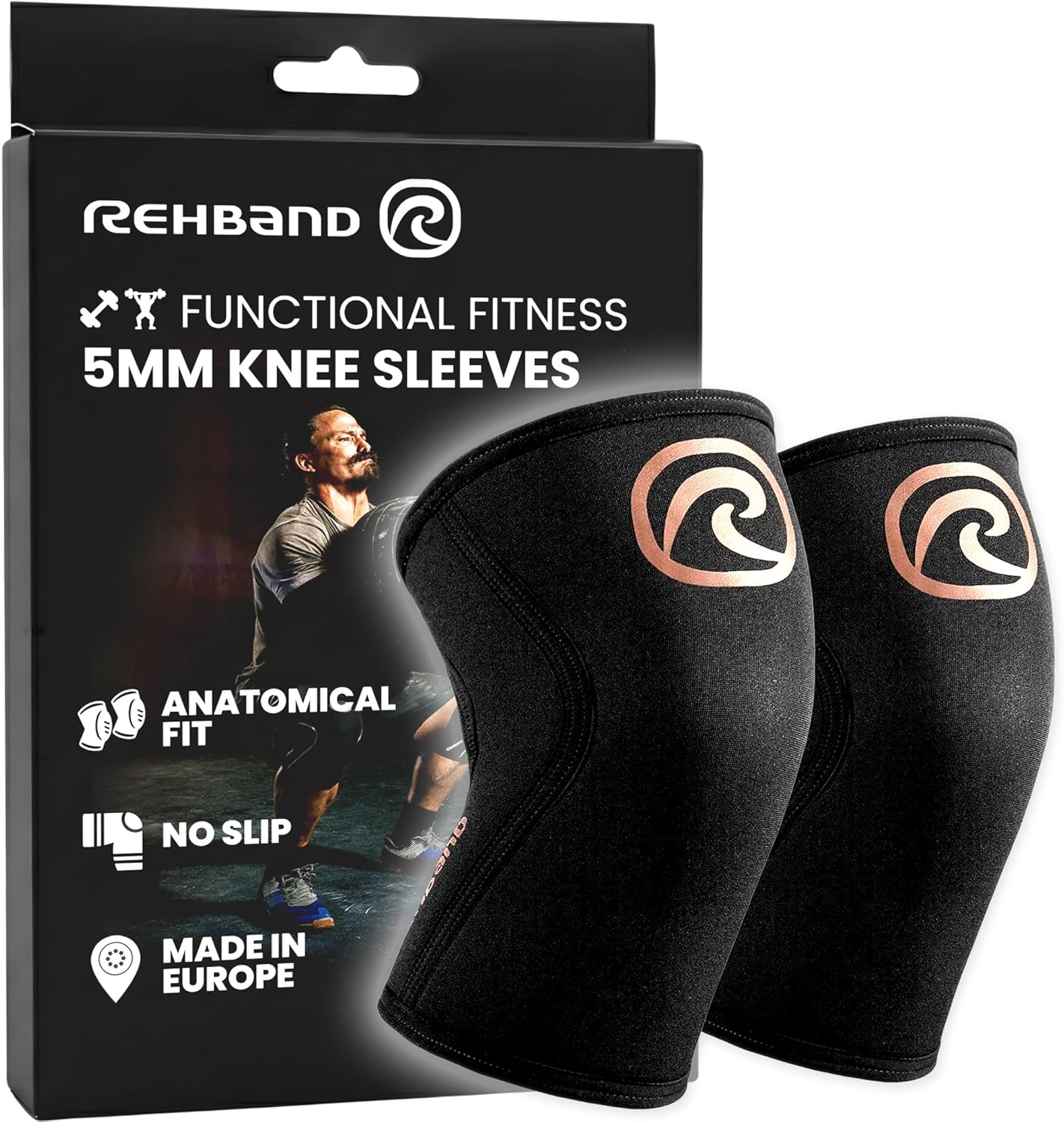 Rehband 5mm Knee Sleeves for Functional Training, Cross-Training & Powerlifting, Weightlifting Knee Support made of Neoprene, Unisex, Colour:Copper/Black - 1 Pair, Size:Medium